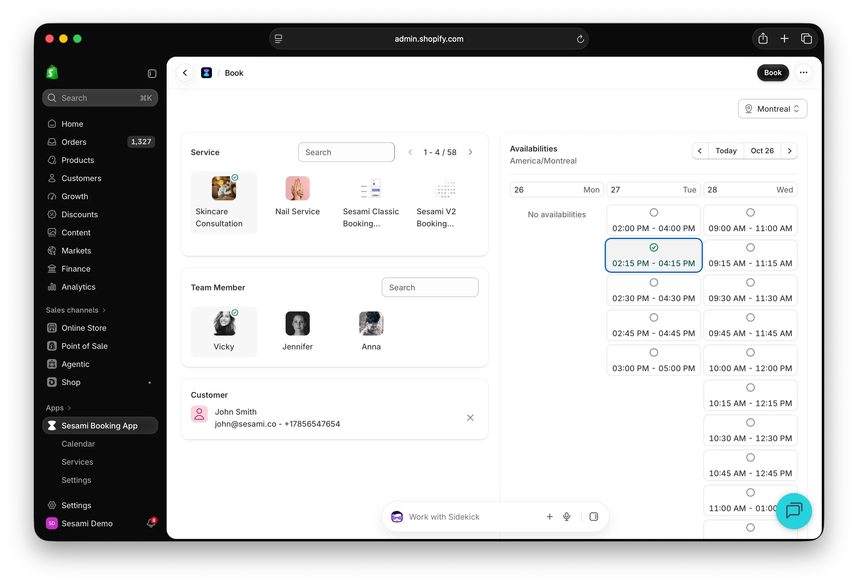 The book page in the Sesami app: service, resource and customer on the left, available times on the right, and a location switcher at the top