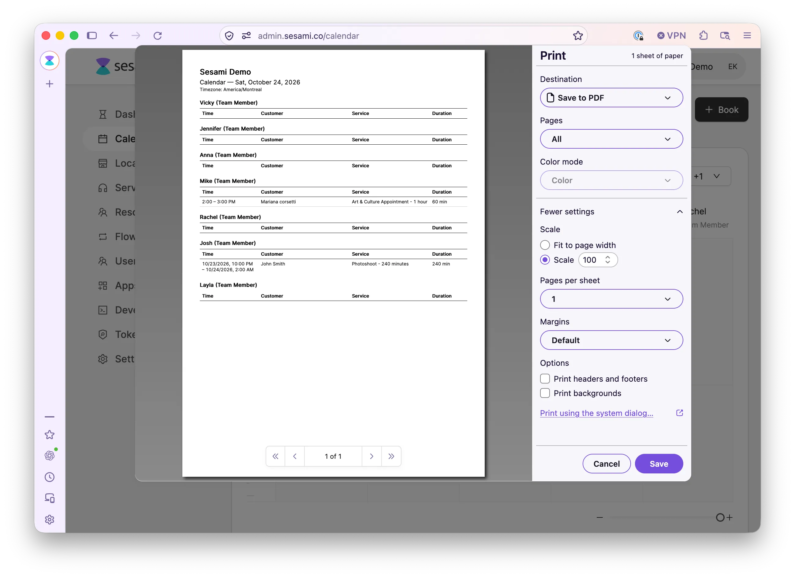 Printing the calendar from the Admin Portal: the day's bookings listed per resource, with time, customer, service and duration